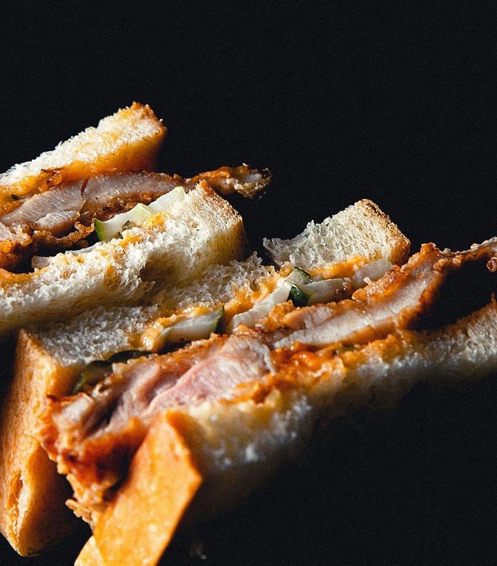Fried Chicken and cucumber sandwich. Snack plate with veggies, eggs and bread. Photos by Yu Jinyang and Nordwood Themes via Unsplash.