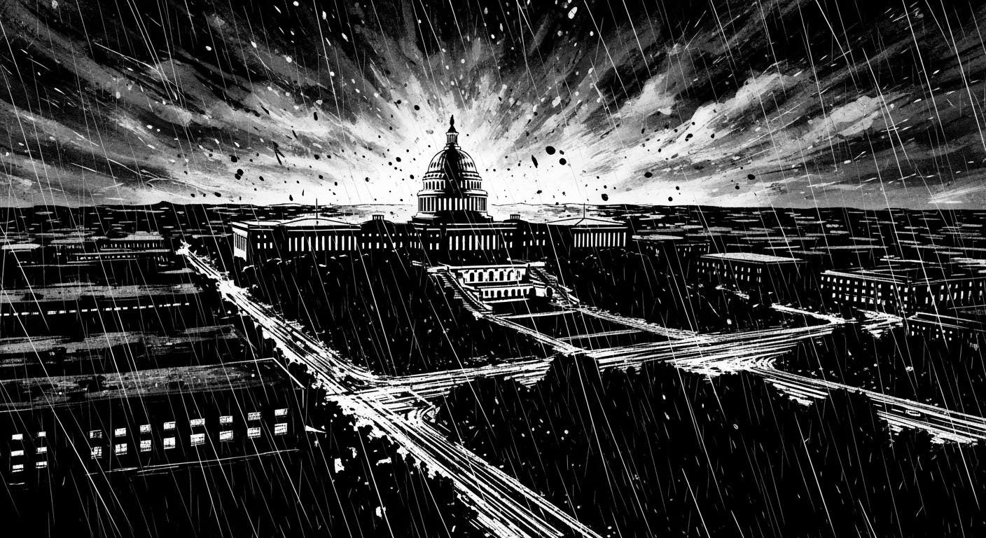 Frank Miller style noir comic panel Dramatic overhead view of Washington DC at night Capitol building silhouette against stormy sky heavy rain stark black and white with dramatic shadows ink splatter effects graphic novel aesthetic high cont_image_1