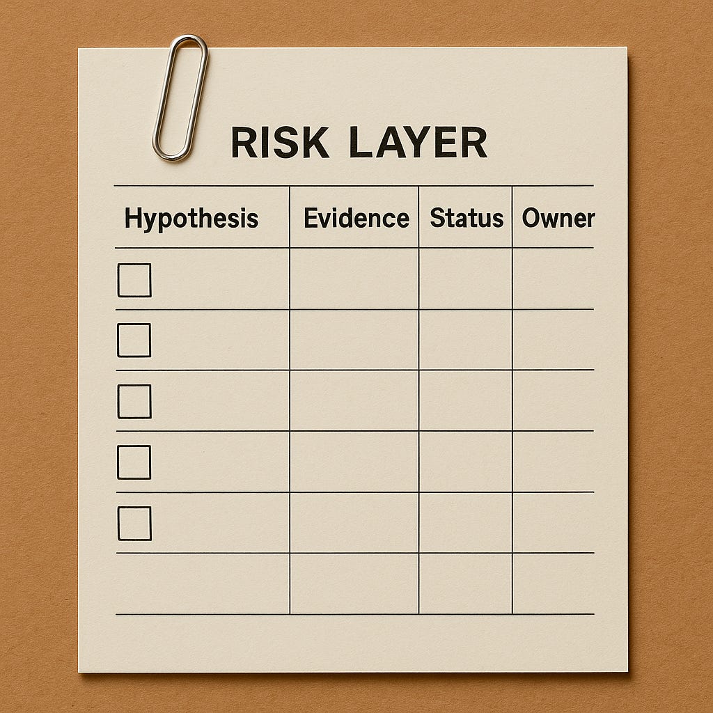 Minimalist chart labeled “Risk Layer” with columns for hypothesis, evidence, status, and owner, representing a startup’s risk ledger tool.