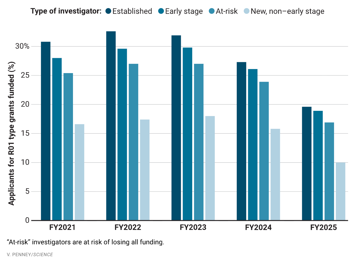 A bar graph show funding rates by investigator type from FY2021 to Fy2025. Established investigator funding rates dropped from 25 to 30% in prior years to less than 20% in FY25. Early stage investigator funding rates dropped from above 25% in prior years to below 20% in FY25. At-risk investigator funding rates dropped from about 25% to about 17%, and funding rates for new investigators dropped from about 17% to about 10%. 