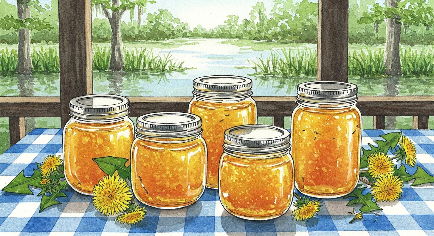 Image of Dandelion Jelly in canning jars on a blue and white checkered table cloth table. Image of Dandelion Jelly in canning jars on a blue and white checkered table cloth table.