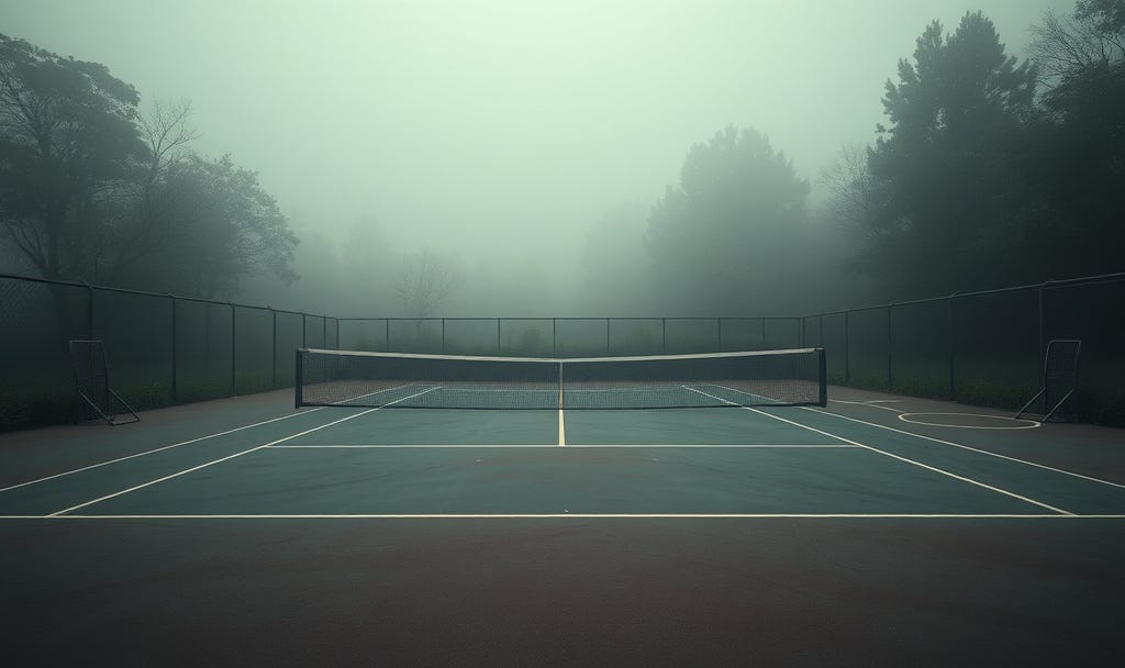 Empty indoor tennis court with green surface and high windows, symbolizing the shattered athlete script and the identity gap when performance-based identity collapses. Empty indoor tennis court with green surface and high windows, symbolizing the shattered athlete script and the identity gap when performance-based identity collapses.