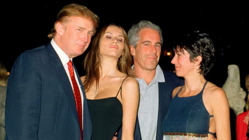 This is why “Operation Epstein Fury” is not just satire: Trump, Melania, Epstein, and Maxwell in one frame, while the unreleased files remain sealed behind the noise of war.