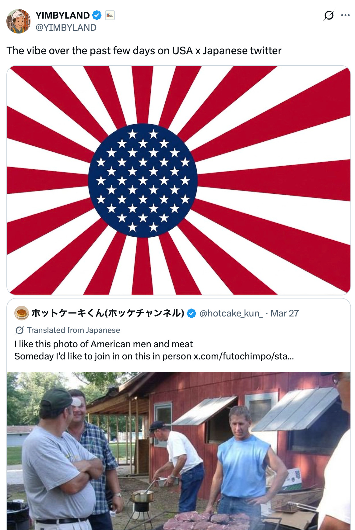 See new posts Conversation YIMBYLAND @YIMBYLAND The vibe over the past few days on USA x Japanese twitter Quote ホットケーキくん(ホッケチャンネル) @hotcake_kun_ · Mar 27 Translated from Japanese I like this photo of American men and meat Someday I'd like to join in on this in person x.com/futochimpo/sta… See new posts Conversation YIMBYLAND @YIMBYLAND The vibe over the past few days on USA x Japanese twitter Quote ホットケーキくん(ホッケチャンネル) @hotcake_kun_ · Mar 27 Translated from Japanese I like this photo of American men and meat Someday I'd like to join in on this in person x.com/futochimpo/sta…