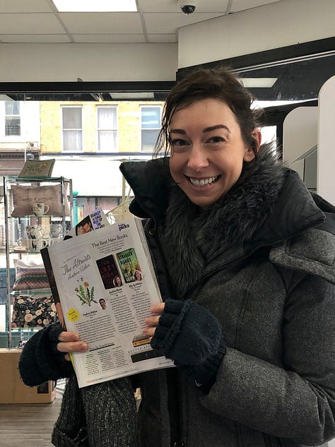 Author Andrea Bartz holding up a copy of THE LOST NIGHT at McNally Jackson books, signing a copy at McNally Jackson, and holding up a page of People Magazine with a review of her book