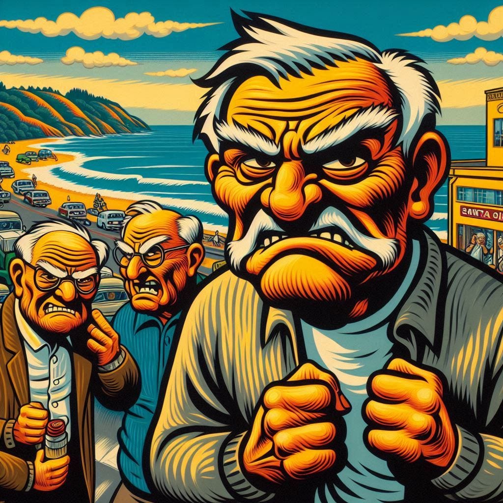 angry old fuddy-duddies in santa cruz, california in 1956 in the style of roy lichtenstein