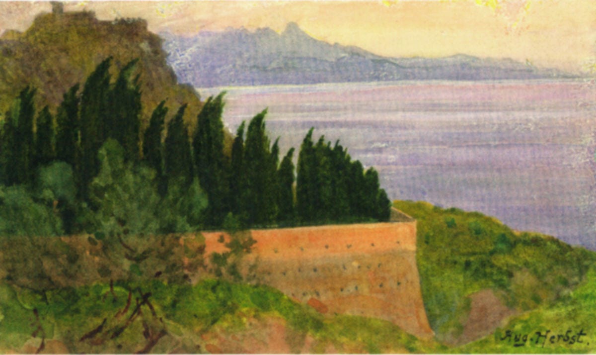 Auguste Herbst, Paysage et lac de montagne, aquarelle, sans date, ©Hervé Donat 2015.