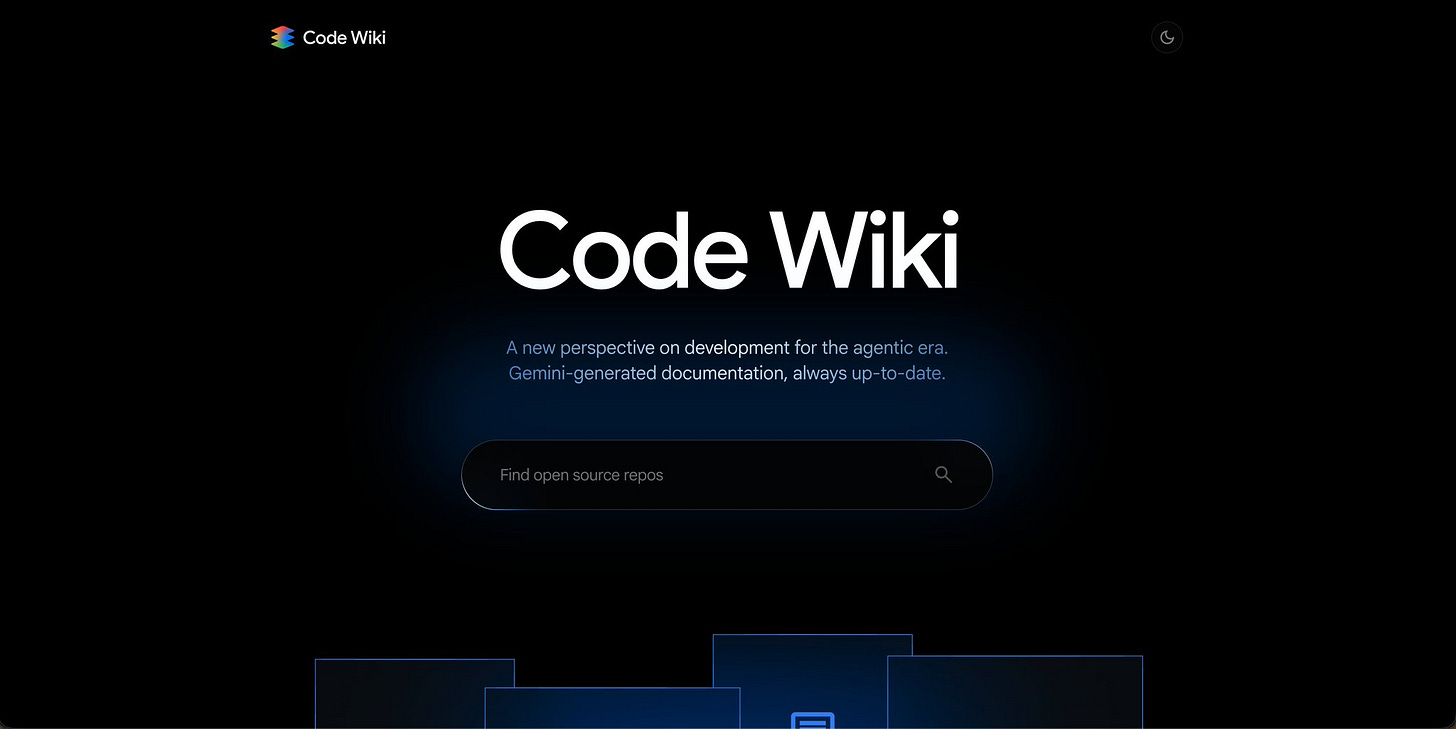 First image shows CodeWiki landing page with dark background, title Code Wiki in white, subtitle A new perspective on development for wiki, description Gemini generated documentation always up-to-date, search bar labeled First source repo, and colorful geometric shapes at bottom. Second image displays CodeWiki interface split into sections: left panel with LangChain development flowchart including components like case management and workflow management connected by arrows, right panel with Chinese text explaining the tool for developing agent-powered applications using LangChain framework, and bottom section with additional Chinese description of its functions and integration. First image shows CodeWiki landing page with dark background, title Code Wiki in white, subtitle A new perspective on development for wiki, description Gemini generated documentation always up-to-date, search bar labeled First source repo, and colorful geometric shapes at bottom. Second image displays CodeWiki interface split into sections: left panel with LangChain development flowchart including components like case management and workflow management connected by arrows, right panel with Chinese text explaining the tool for developing agent-powered applications using LangChain framework, and bottom section with additional Chinese description of its functions and integration.