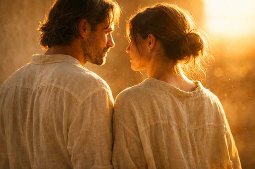 Two figures in natural, relaxed alignment with each other, representing the ease of coherent relational architecture