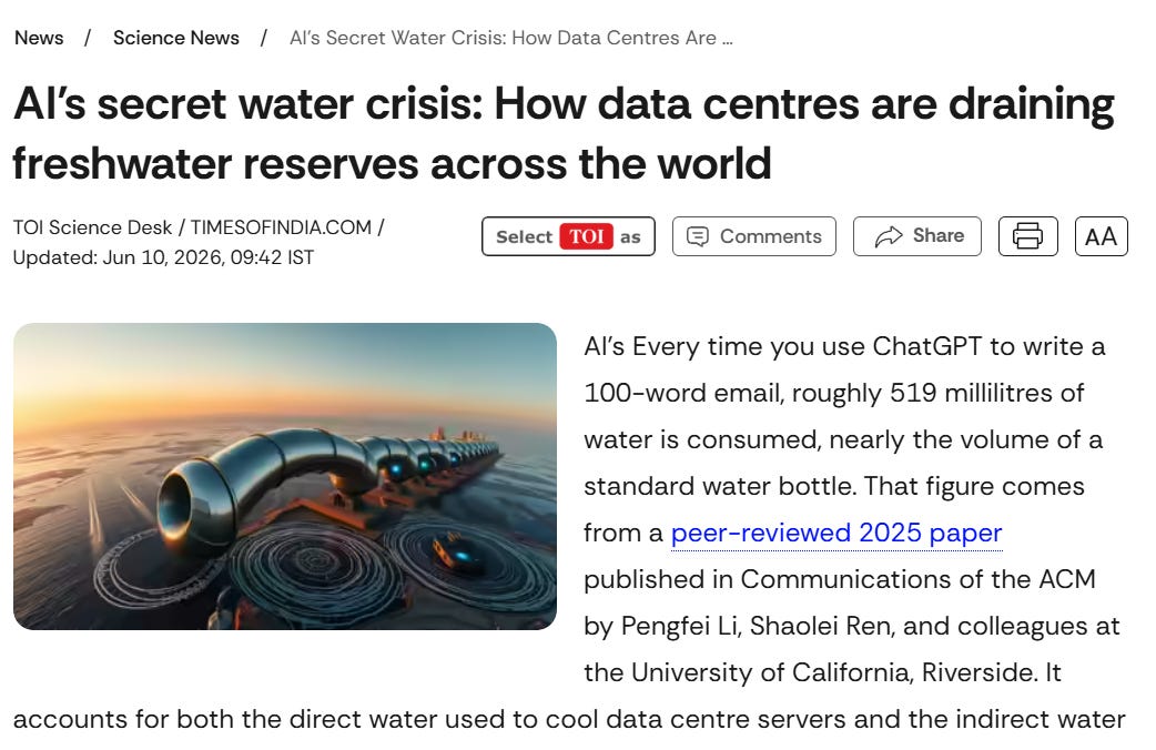 https://timesofindia.indiatimes.com/science/ais-secret-water-crisis-how-data-centres-are-draining-freshwater-reserves-across-the-world/articleshow/131590203.cms https://timesofindia.indiatimes.com/science/ais-secret-water-crisis-how-data-centres-are-draining-freshwater-reserves-across-the-world/articleshow/131590203.cms