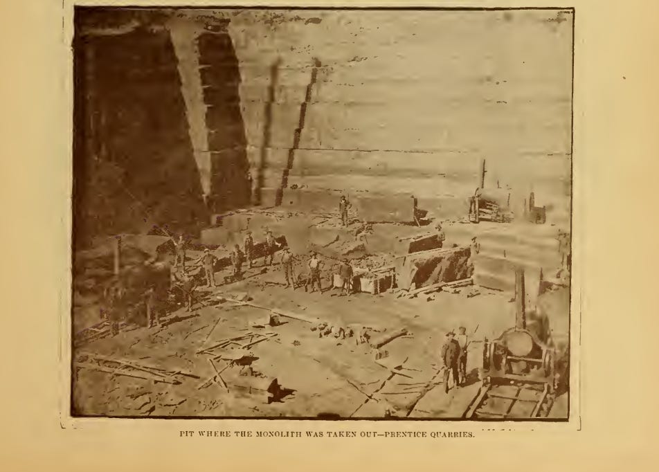 A historical illustration from 1893 showing the Prentice Brownstone Quarry at Houghton Point. The image depicts the sheer, vertical faces of the sandstone cliffs being harvested, with several small figures of workers in 19th-century attire standing at the base to show the massive scale of the extraction site.