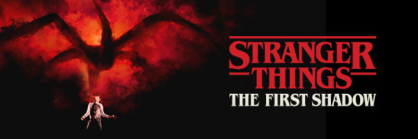 Stranger Things: The First Shadow logo with an image of Louis McCartney as Henry Creel in the stage production with a creature above him.