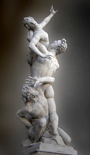 Artistic renderings of the Rape of the Sabine Women by Nicolas Poussin and Giambologna