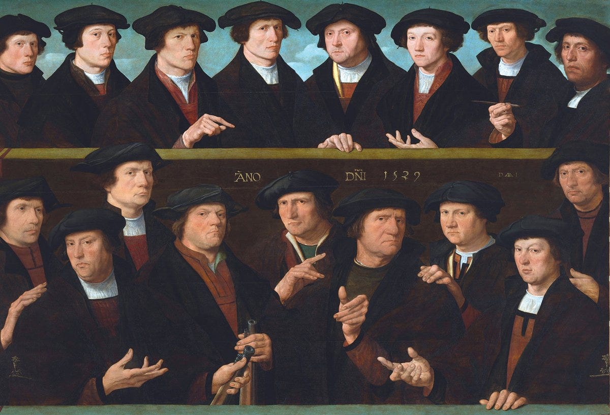 Seventeen Dutch guardsman do a surprising variety of things with their hands, in a Renaissance painting by Dirck Jacobsz. Seventeen Dutch guardsman do a surprising variety of things with their hands, in a Renaissance painting by Dirck Jacobsz.