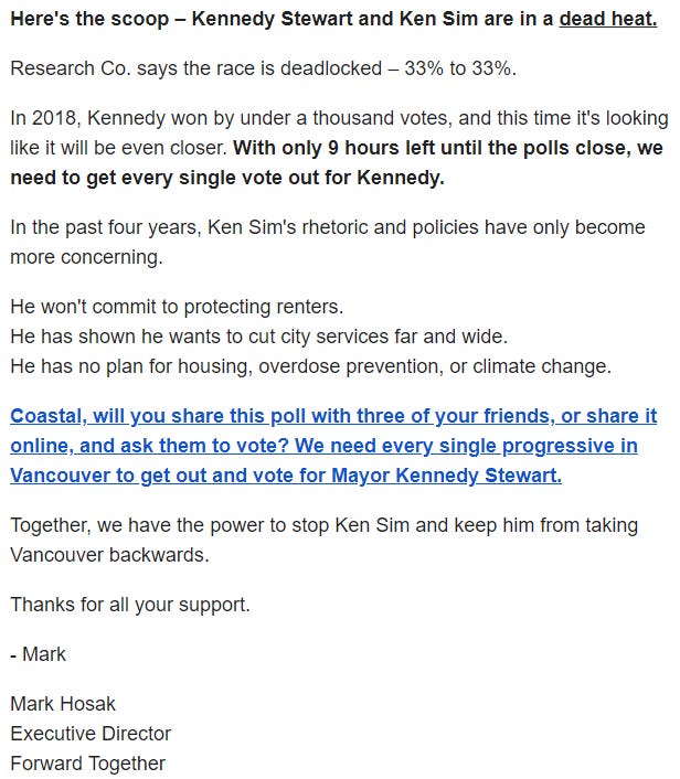  A screenshot of the email in question from Kennedy Stewart’s campaign. 