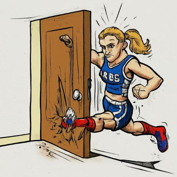 Cartoon depiction of a white female athlete kicking down a closet door. Cartoon depiction of a white female athlete kicking down a closet door.