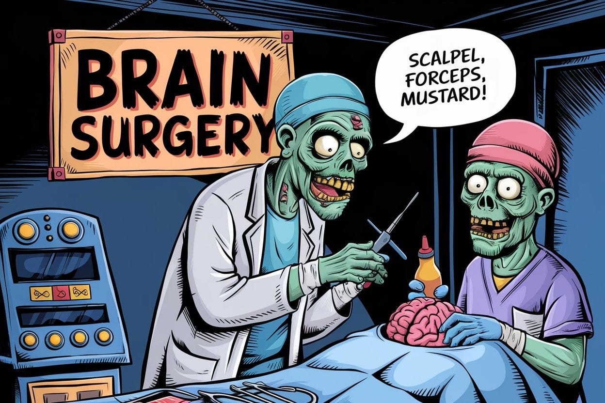 Cartoon illustration: A zombie surgeon in a surgery room with a sign that reads 'Brain Surgery' hanging in the background. The zombie, wearing a lab coat and surgical mask, is holding out his hand to the Zombie assistant and saying, "Scalpel, forceps, mustard!" The assistant holds a bottle of mustard. On the operating table is a patient with an exposed brain. The setting includes typical surgery room elements.