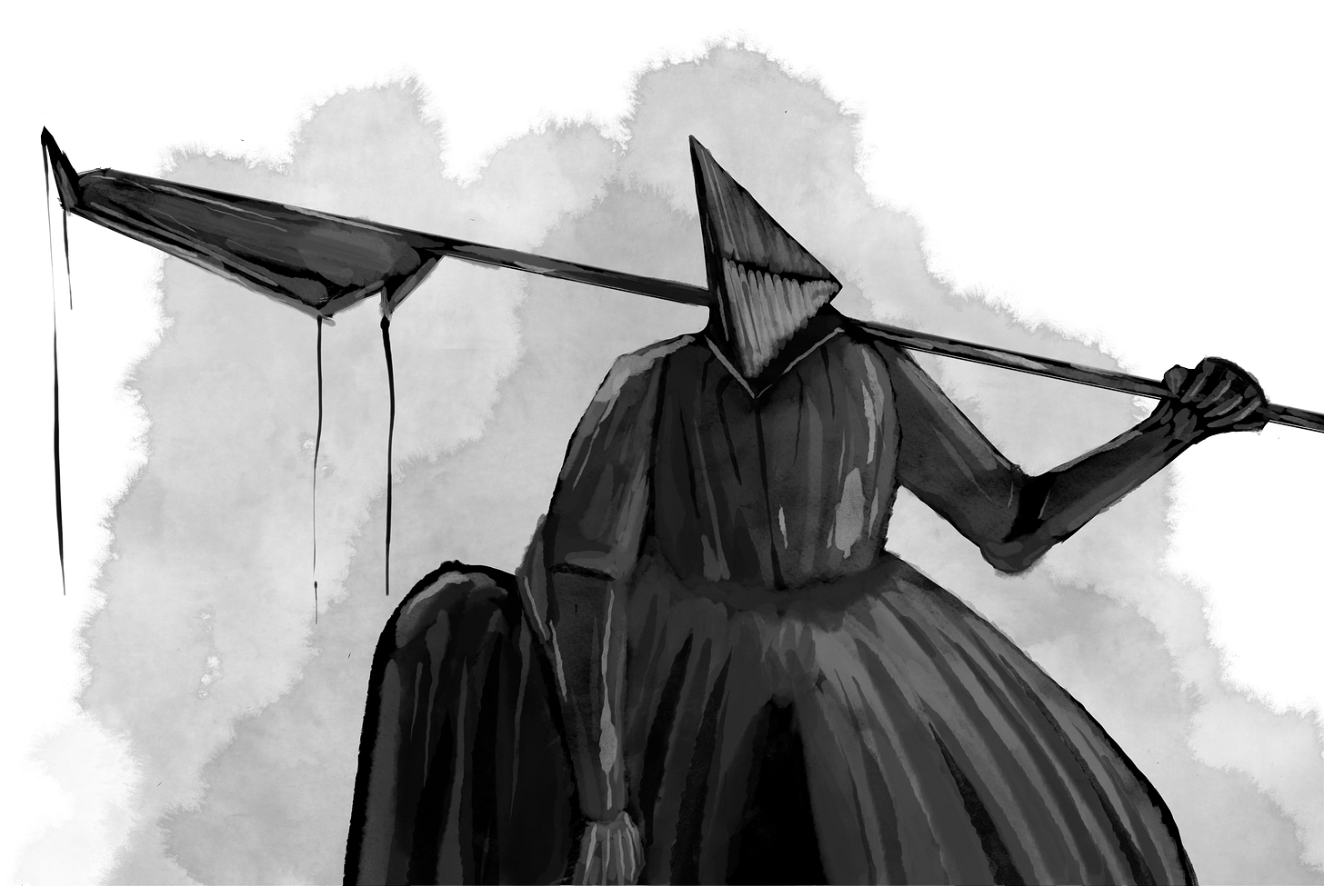 A digital ink wash depiction of a ttrpg creature: a hulking knight in dark robes and armour with a triangular helm and a glaive.