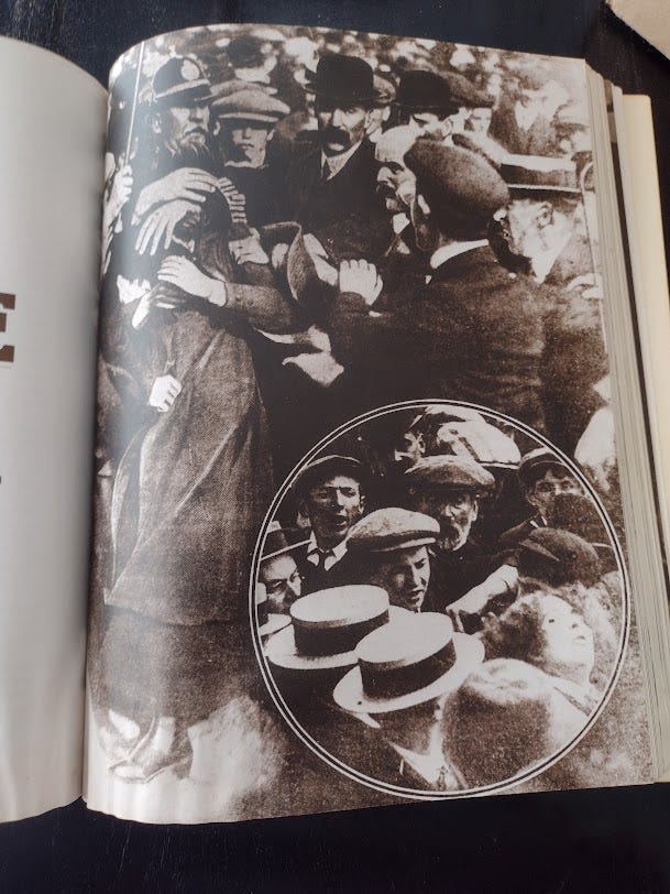 Drawing of women attacking store window, of woman surrounded by hostile crowd of men