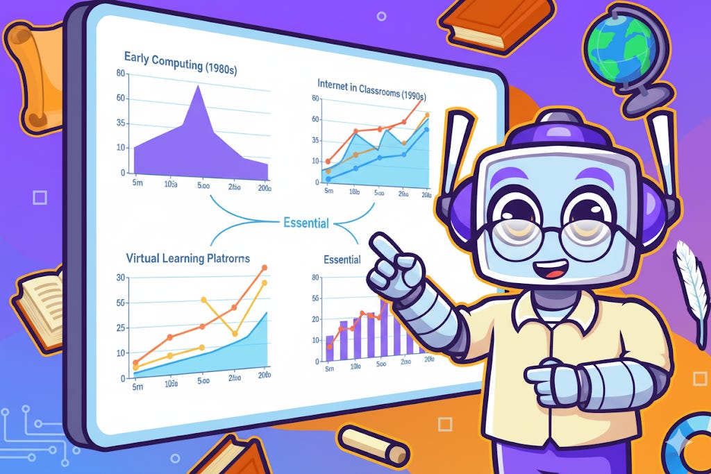 NeuralBuddy, a friendly robot wearing glasses, points to a large screen displaying comparative charts. The charts illustrate how past educational technologies like early computing, the internet in classrooms, and virtual learning platforms were initially met with resistance but eventually became essential. The background features elements like a scroll, a globe, and books. NeuralBuddy, a friendly robot wearing glasses, points to a large screen displaying comparative charts. The charts illustrate how past educational technologies like early computing, the internet in classrooms, and virtual learning platforms were initially met with resistance but eventually became essential. The background features elements like a scroll, a globe, and books.