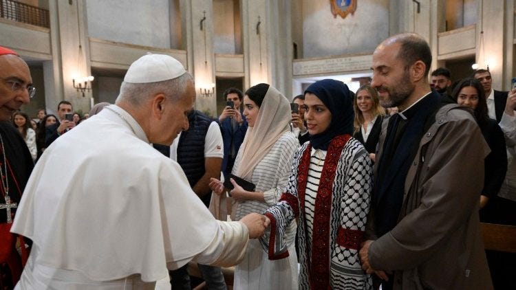 Pope Leo greets the Palestinian students at Sapienza University