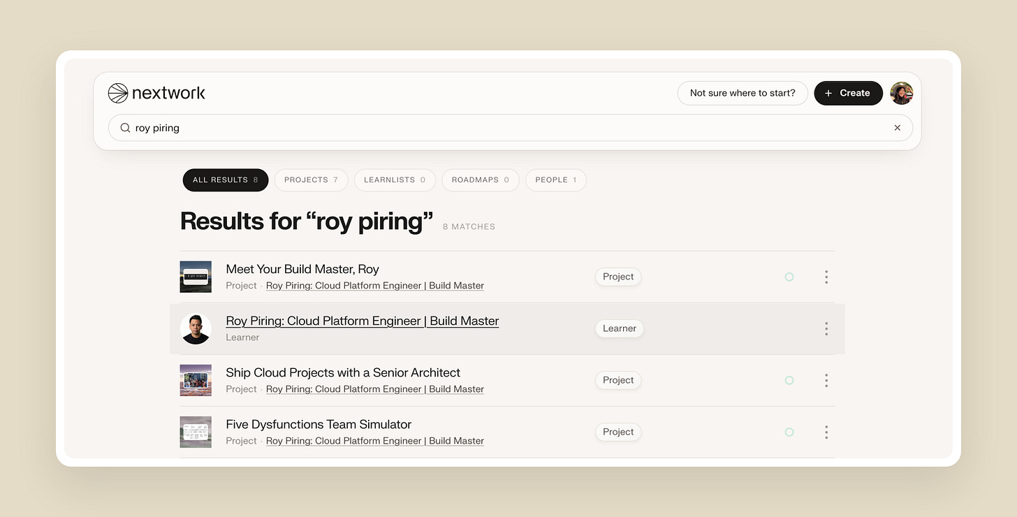 Search results showing a learner alongside their projects