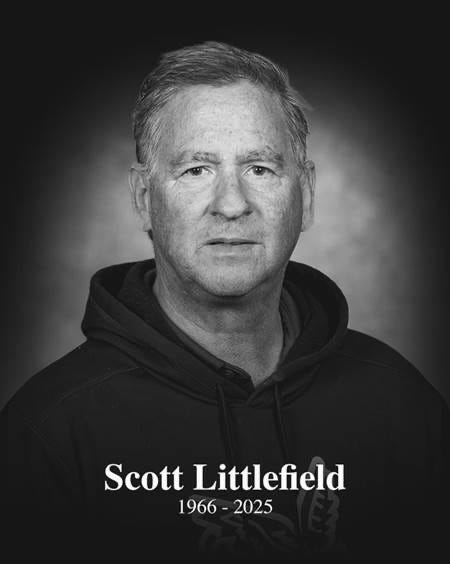 Scott Littlefield wearing a dark hoodie. Text below reads "Scott Littlefield 1966 - 2025" in white.