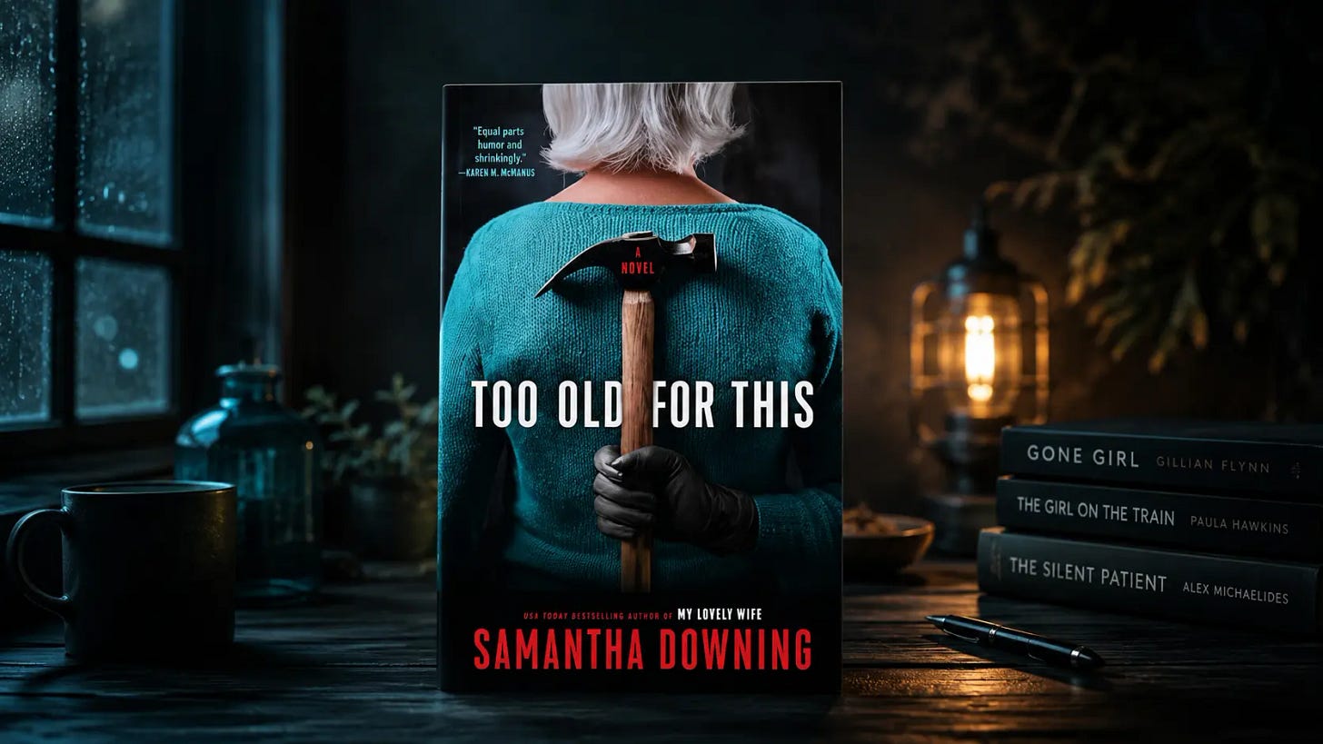 Book cover of Too Old for This by Samantha Downing, featuring a gray-haired woman seen from behind in a teal sweater, holding a hammer behind her back; set against a moody, dimly lit background with a suspenseful tone. Book cover of Too Old for This by Samantha Downing, featuring a gray-haired woman seen from behind in a teal sweater, holding a hammer behind her back; set against a moody, dimly lit background with a suspenseful tone.