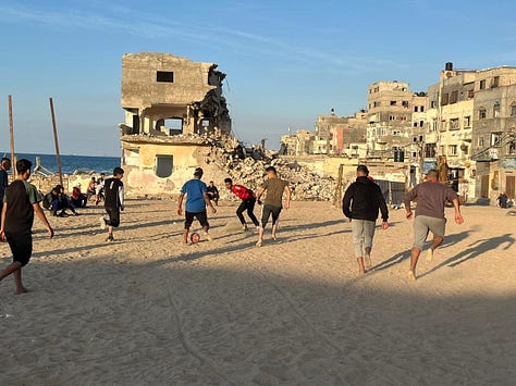 Gaza footballers participate at a tournament on the ruins of the Al-Shati sporting club
