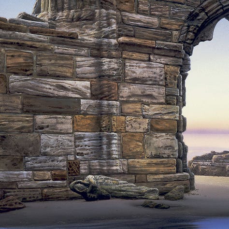 LEFT: Detail from DAWN PORTAL featuring a woman in white gown kneeling at the pointed archway of abbey ruins. Her red hair is braided tightly falling to her mid-back. She wears a white gown that trails behind her to the water’s edge. CENTER: Background detail from DAWN PORTAL featuring a robed statue holding a book fallen on its side on the wet sand. The abbey wall behind it is made of mismatched rough stone, varying in color, texture and rectangular dimensions. RIGHT: Close detail from DAWN PORTAL featuring a pair of statues, a man and woman in robes both holding books. She holds her book low while he clutches a tome to his chest. A fractured column of stone set in layers of rounded blocks rises behind the statues. The rest of the abbey lies in ruins. The sky beyond is blue that fades to pale yellow then a smoky purple band on the horizon.
