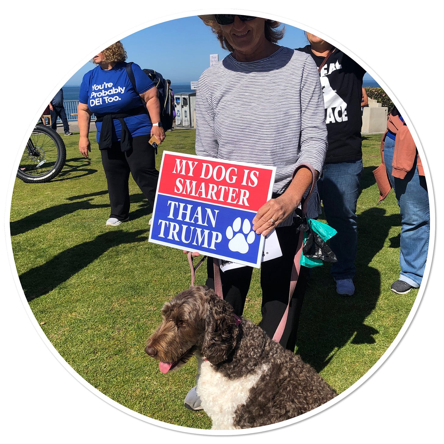Protester with a sign that says “My dog is smarter than Trump.”