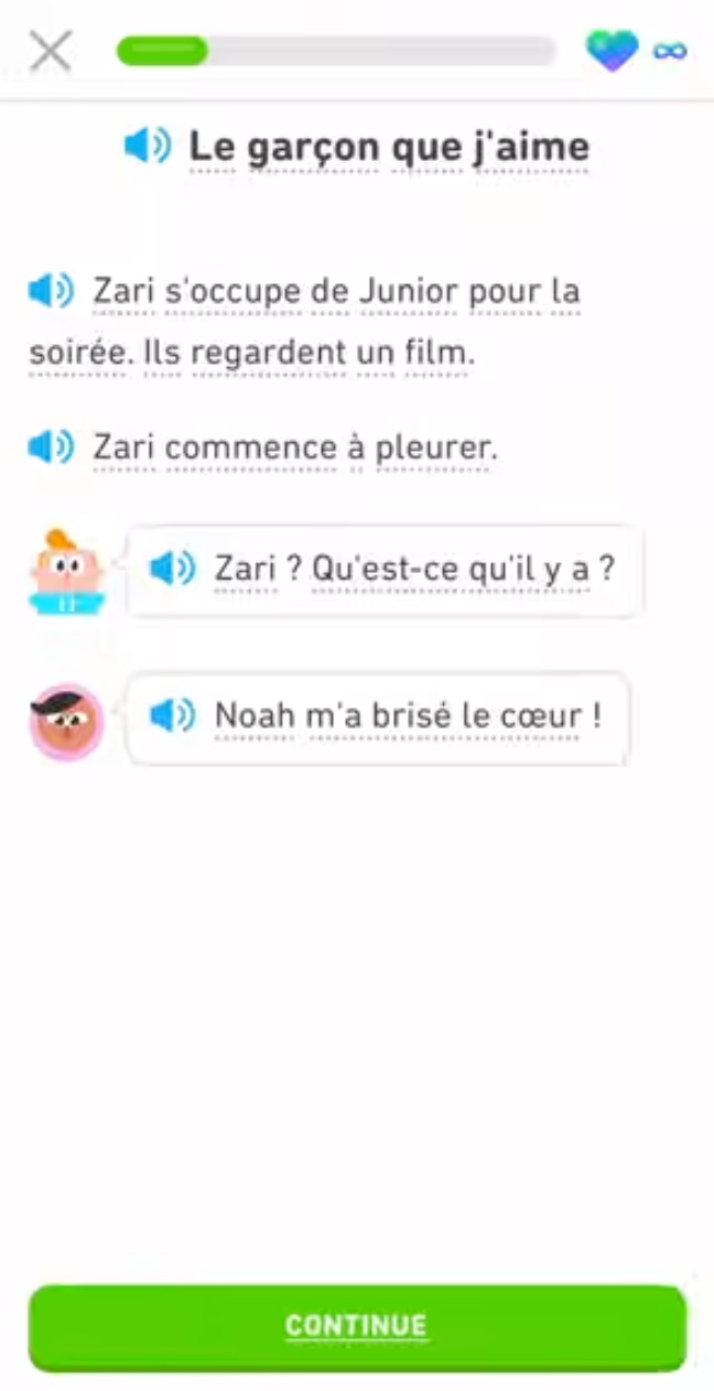 Tela de exercício de francês no app em tema branco com o título “Le garçon que j’aime”, mostrando um diálogo em que Zari começa a chorar e diz: “Noah m’a brisé le cœur !” Tela de exercício de francês no app em tema branco com o título “Le garçon que j’aime”, mostrando um diálogo em que Zari começa a chorar e diz: “Noah m’a brisé le cœur !”