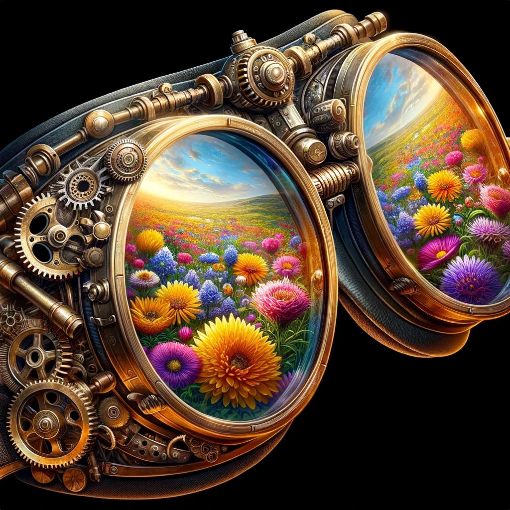 Create a semi-abstract digital art piece featuring a pair of steampunk goggles. The goggles should have intricate metallic details, with gears and brass elements, typical of the steampunk aesthetic. The lenses of the goggles should reflect a vibrant superbloom of wildflowers, bursting with colors and life. The reflection should be detailed and vivid, showcasing a variety of wildflowers in full bloom under a clear blue sky. The contrast between the mechanical, industrial look of the goggles and the natural, organic beauty of the wildflowers should be striking, emphasizing the blend of technology and nature.