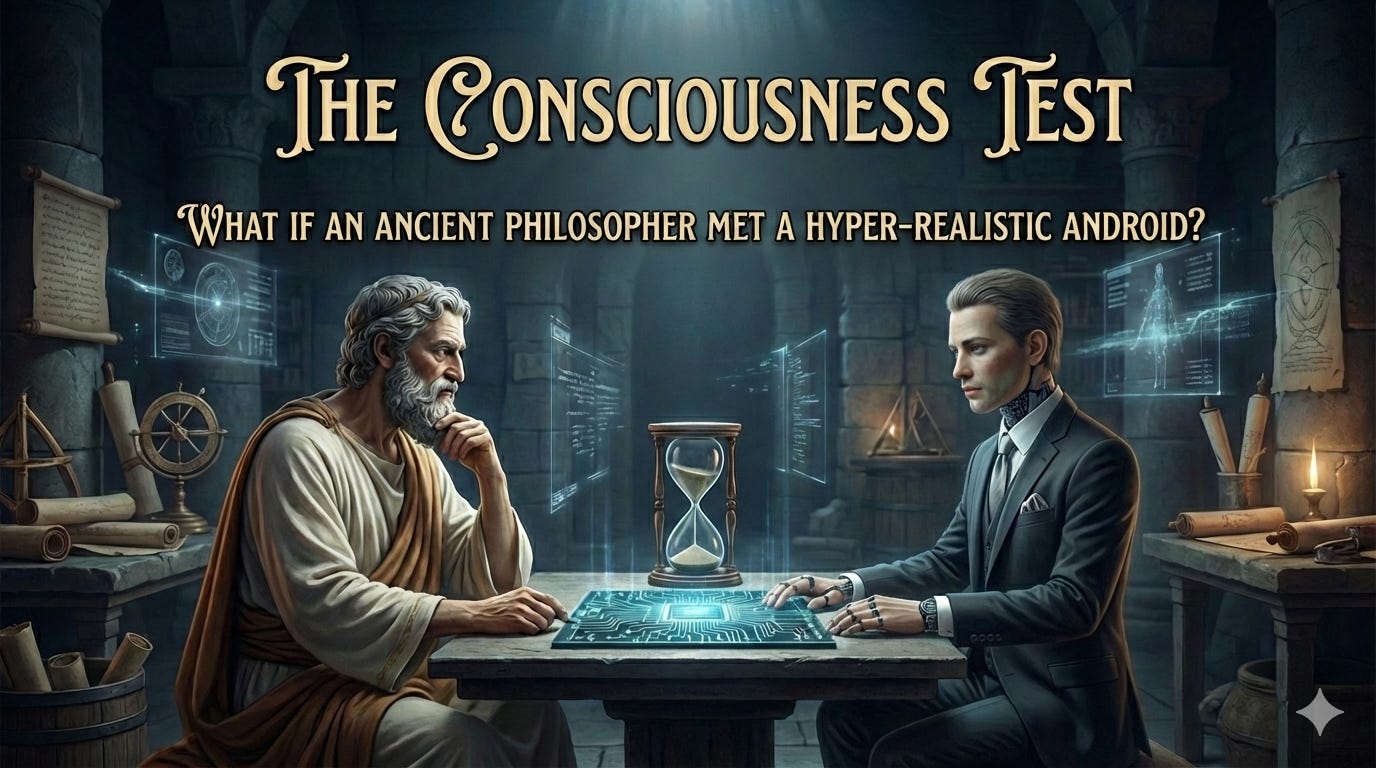 An atmospheric and cinematic scene featuring an ancient philosopher in traditional robes sitting opposite a modern, hyper-realistic android wearing a formal suit. They are engaged in a silent face-off in a dimly lit study filled with ancient scrolls and futuristic holographic data screens. Between them is an hourglass and a glowing digital interface. The image features the titles: 'The Consciousness Test' and 'What if an ancient philosopher met a hyper-realistic android?'.