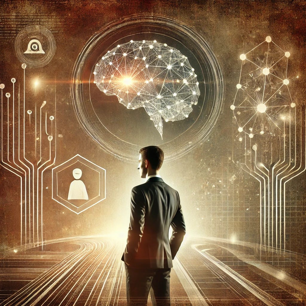 A modern and sleek digital illustration representing the concept of leadership and artificial intelligence. The image features a professional individual standing at the forefront of a futuristic organizational framework with glowing neural network patterns symbolizing AI in the background. Subtle earthy tones with hints of metallic textures inspired by the book's cover, emphasizing themes of technology and human insight working together. The composition conveys innovation, empowerment, and synergy. A modern and sleek digital illustration representing the concept of leadership and artificial intelligence. The image features a professional individual standing at the forefront of a futuristic organizational framework with glowing neural network patterns symbolizing AI in the background. Subtle earthy tones with hints of metallic textures inspired by the book's cover, emphasizing themes of technology and human insight working together. The composition conveys innovation, empowerment, and synergy.