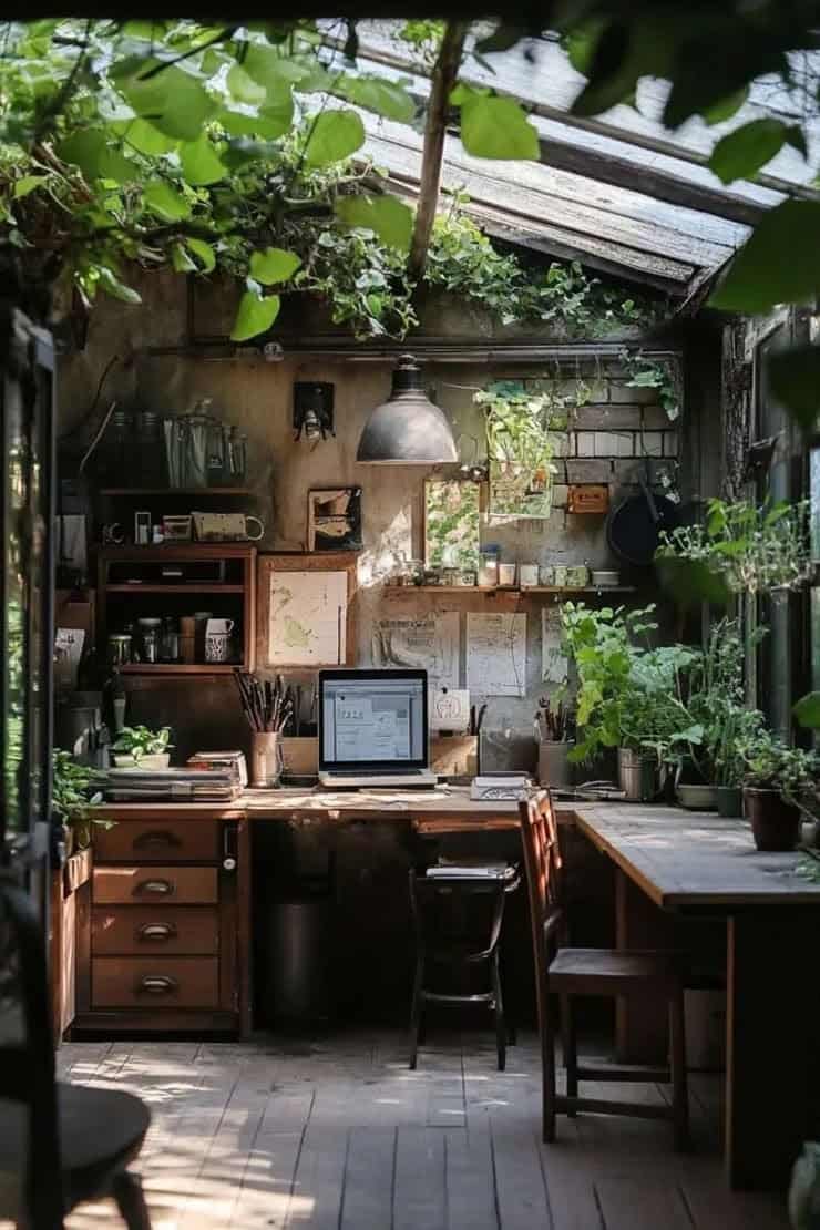 An interior space with skylights that looks old and worn, yet warm with a desk and computer featuring tons. gorgeous plants that. been taken care of. An interior space with skylights that looks old and worn, yet warm with a desk and computer featuring tons. gorgeous plants that. been taken care of.