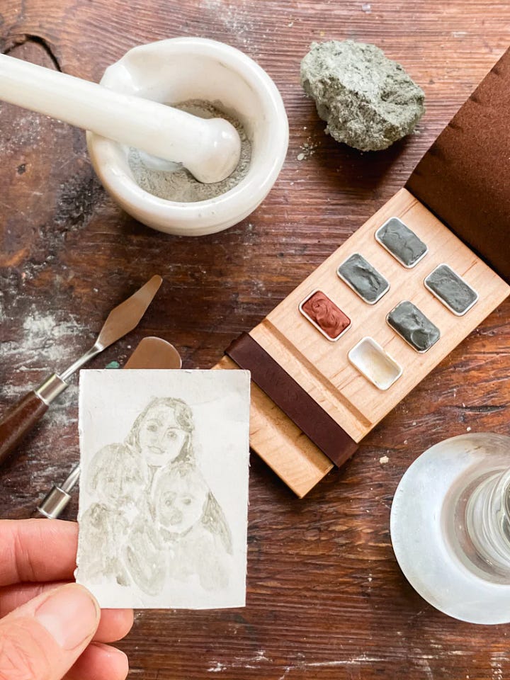Handmade watercolor paint from our of a kinds collection and the far material that made our ghost green colour.