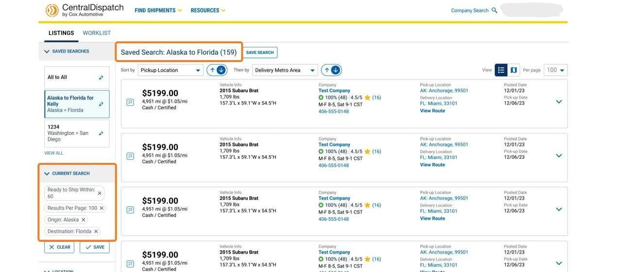 Screen Shot of Auto Transport Load Board for Central Dispatch