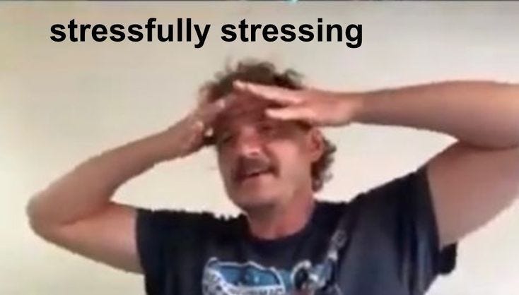 This may contain: a man holding his head in front of him with the caption, stressfully pressing