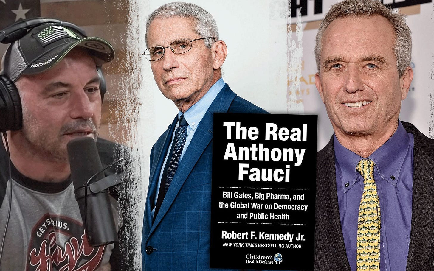 Joe Rogan comments on Robert F. Kennedy Jr.&#039;s book The Real Anthony Fauci [Photo credit: PowerfulJRE on YouTube, time.com, and amazon.com]
