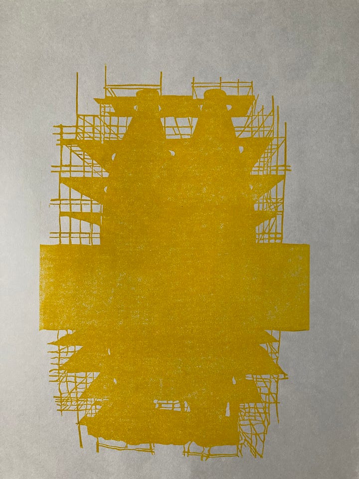 Five photos - 1. top to bottom, bands of light blue, warm light yellow, light green in the centre then yellow and blue reflected in water. 2. Black and white photo of the scaffolding-clad kilns lying on top of the block of lino with the beginnings of scaffolding showing at the top.. 3. the striped background with the completed silhouette printed in grey on it. 4. The same silhouette in yellow on white paper. 5. The same again with light silvery grey on white paper.