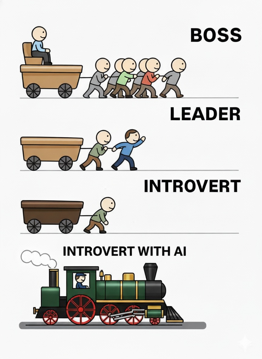 Meme ve čtyřech řádcích: nahoře „Boss“ sedí na voze a skupina lidí ho táhne, pod tím „Leader“ běží v čele a spolu s ostatními vůz táhne, třetí řádek „Introvert“ ukazuje samotného člověka, který sám táhne prázdný vůz, a dole „Introvert with AI“ zobrazuje téhož člověka jako strojvedoucího silné parní lokomotivy — metafora, že introvert s pomocí umělé inteligence získává výraznou sílu a vliv.