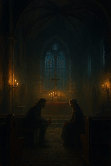 A dimly lit sanctuary inside St. Andral’s Church in Vallaki, Barovia. Gothic architecture with tall, arched stained-glass windows casting muted colors across worn stone floors. Wooden pews line the nave, some cracked and faded. At the front, a simple stone altar rests beneath a flickering lantern. Greegan, a rugged man with a dark coat and disheveled hair, sits cross-legged near the altar, turning a splinter of coffin wood in his fingers. Ireena, a young woman with red hair and a cloak, sits beside him on the edge of a pew, her gaze distant, one hand resting near her neck. The atmosphere is quiet, heavy with emotion and candlelight.