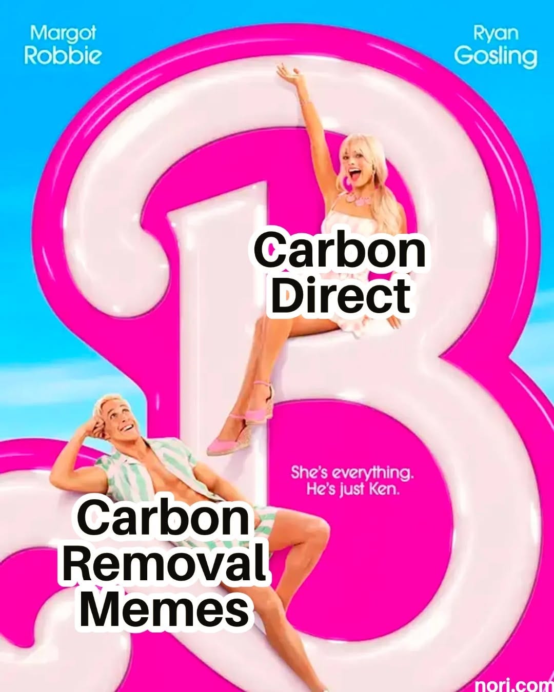 The Barbie movie poster, with Barbie labelled "Carbon Direct" and Ken labelled "Carbon Removal Memes". Tagline: "She's everything. He's just Ken."