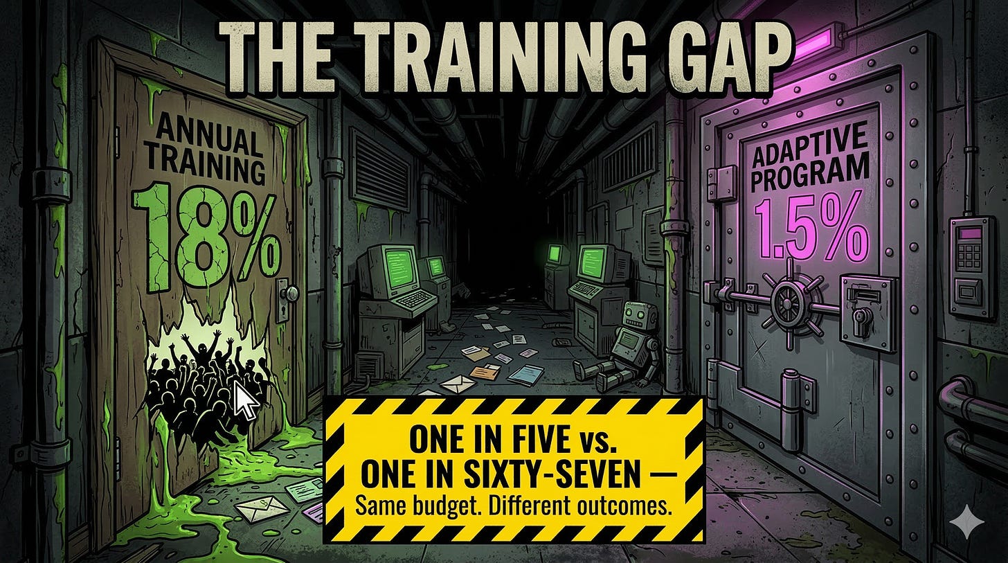 Annual phishing training versus continuous adaptive training click rate comparison 18 percent versus 1.5 percent employee susceptibility Annual phishing training versus continuous adaptive training click rate comparison 18 percent versus 1.5 percent employee susceptibility