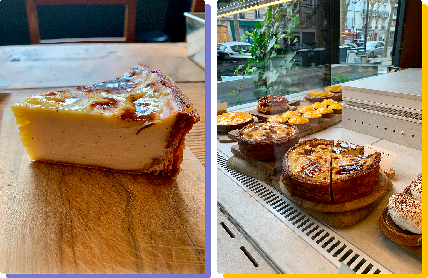 Photo of a slice of flan parisien, and of the bakery case at Tapisserie