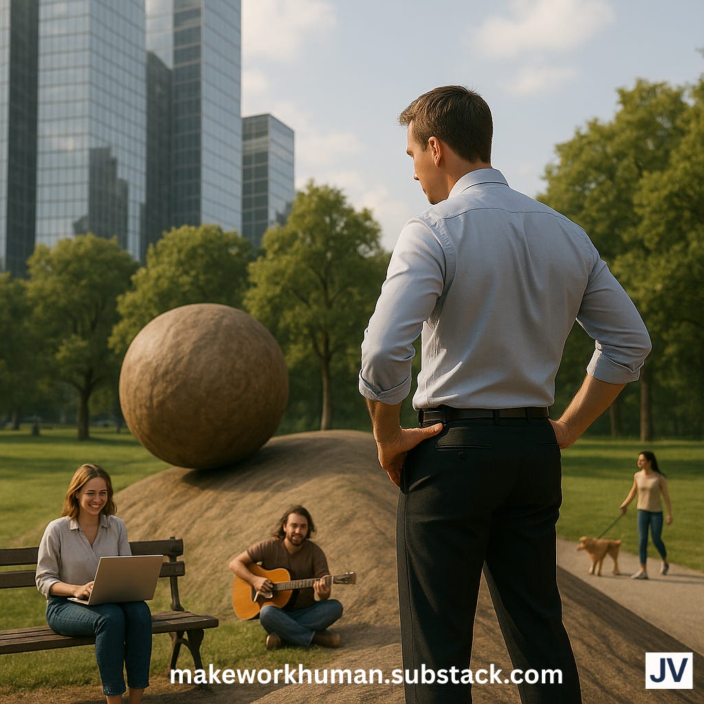 Modern Day Corporate Sisyphus Leaving Boulder Behind