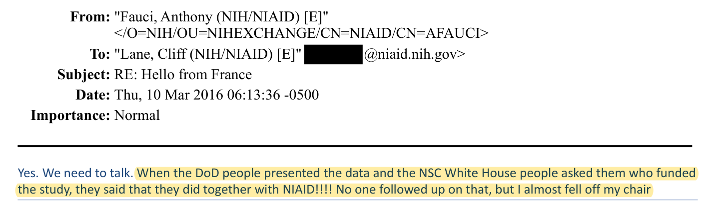 Fauci to Cliff Lane, March 10, 2016. From the NIH Ebola files released by Sen. Rand Paul, Sept. 28.