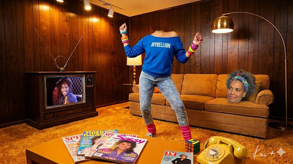 A surreal 1980s wood-paneled living room featuring a headless woman in a "Joybellion" off-the-shoulder sweatshirt dancing on an orange shag carpet, while her head rests on the couch nearby, watching a Chaka Khan music video on a vintage console TV.