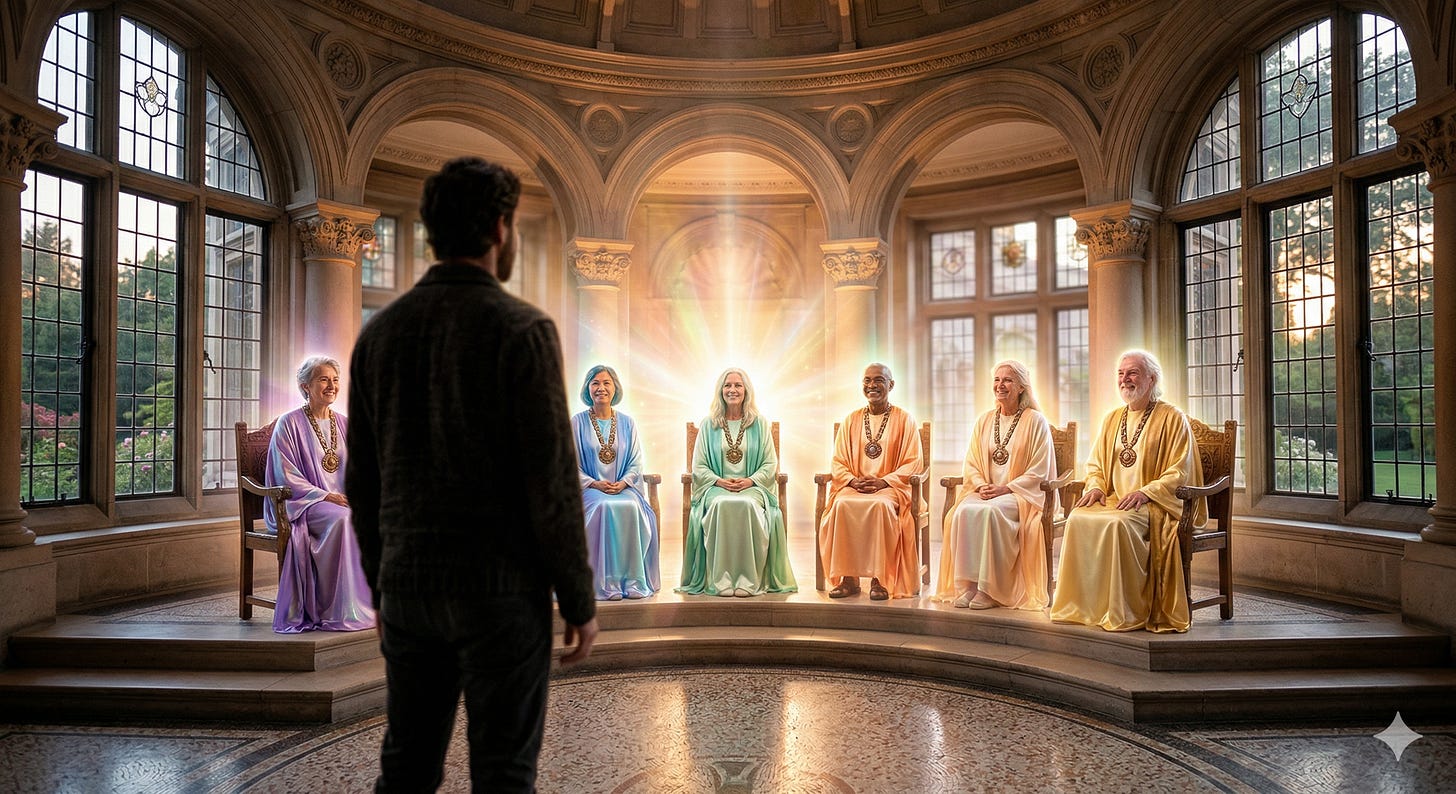A man standing near the middle of a windowed rotunda with a council of 7 individuals with a beaming light coming from behind them, almost as though a holographic projection. the individuals wear various solid color robes of iridescent purple through yellow pastel, with medallions on their necks. They are joy but not laughter. They are harmony, peace, and the man is at home in their presence. The camera angle is just over the man's right shoulder, not revealing his face, but the scene he beholds. 